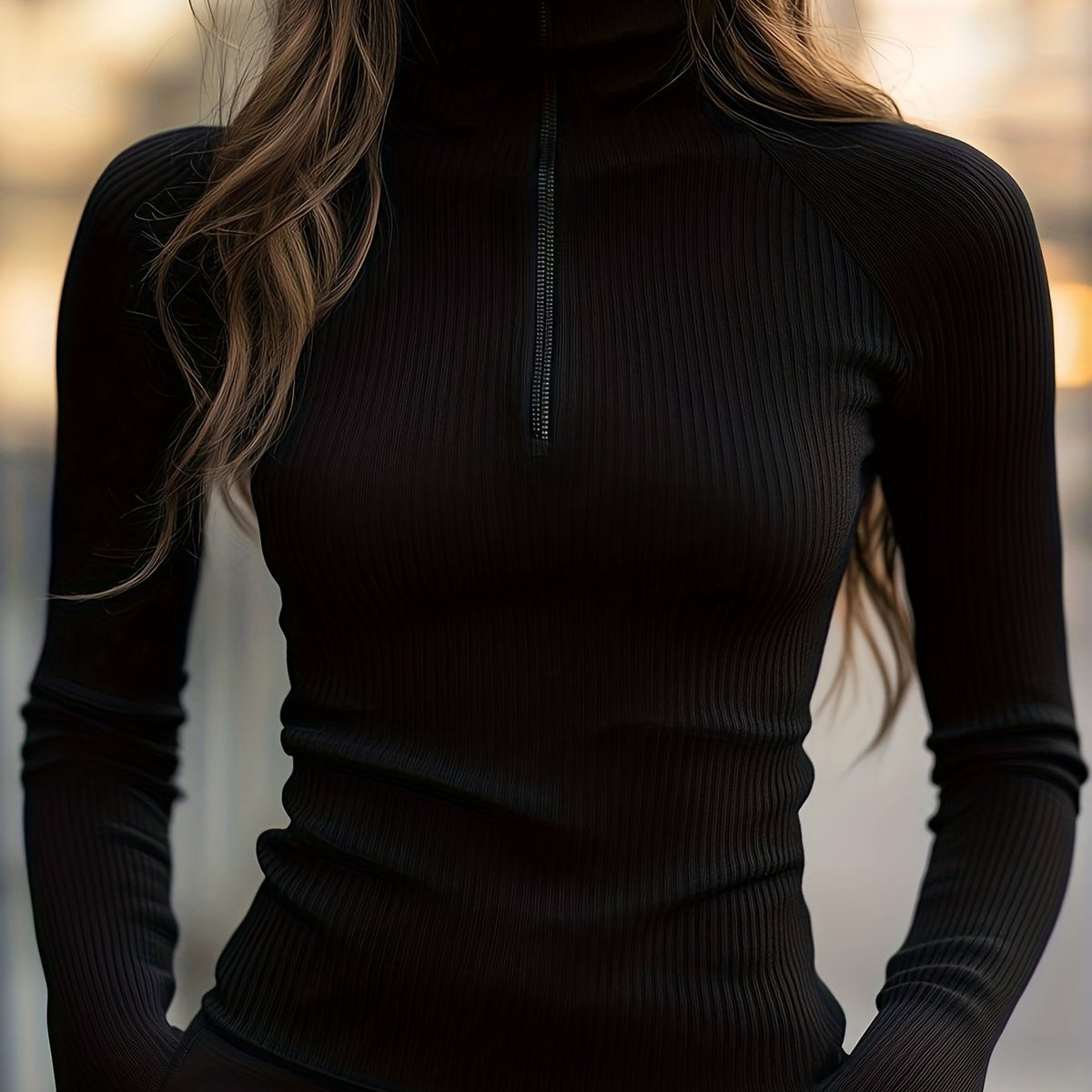 Women's Ribbed Half-Zip High-Neck Slim Top - Black