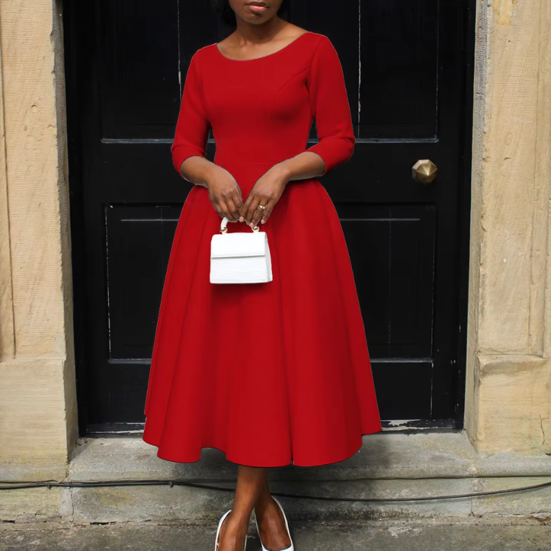 Women's A-Line Midi Dress Three-Quarter Sleeve Dress for Events and Everyday Wear