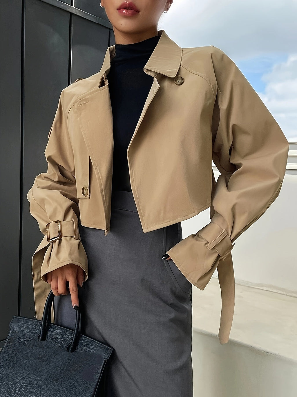 Women's Cropped Trench Jacket with Buckled Cuffs