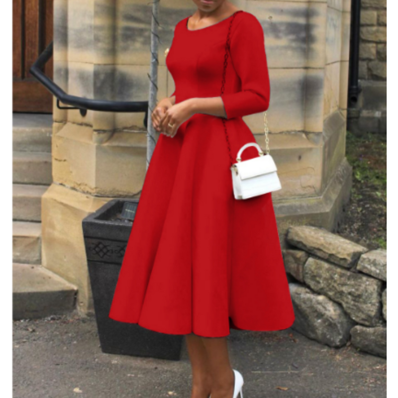 Women's A-Line Midi Dress Three-Quarter Sleeve Dress for Events and Everyday Wear