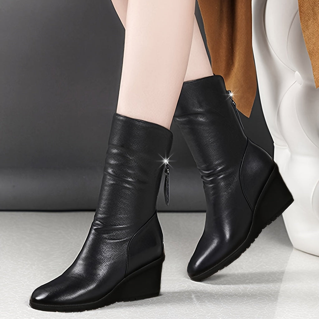 Women's Sleek Wedge-Heel Mid-Calf Boots