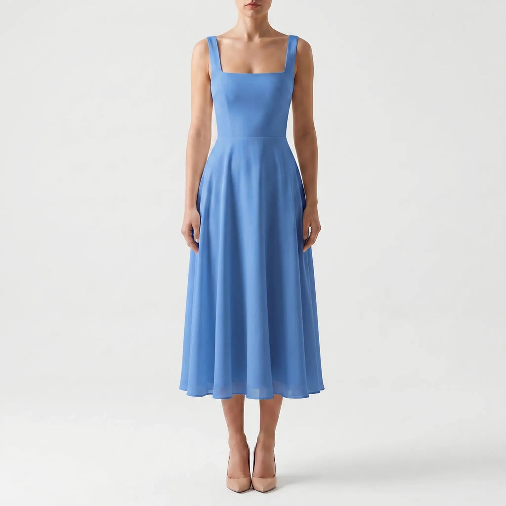 Women's Square Neck Midi Dress - Elegant A Line for Evening