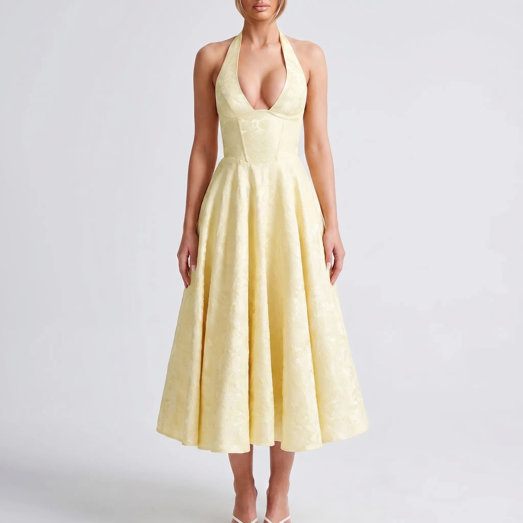 V-Neck Halter Midi Dress with Flared Skirt