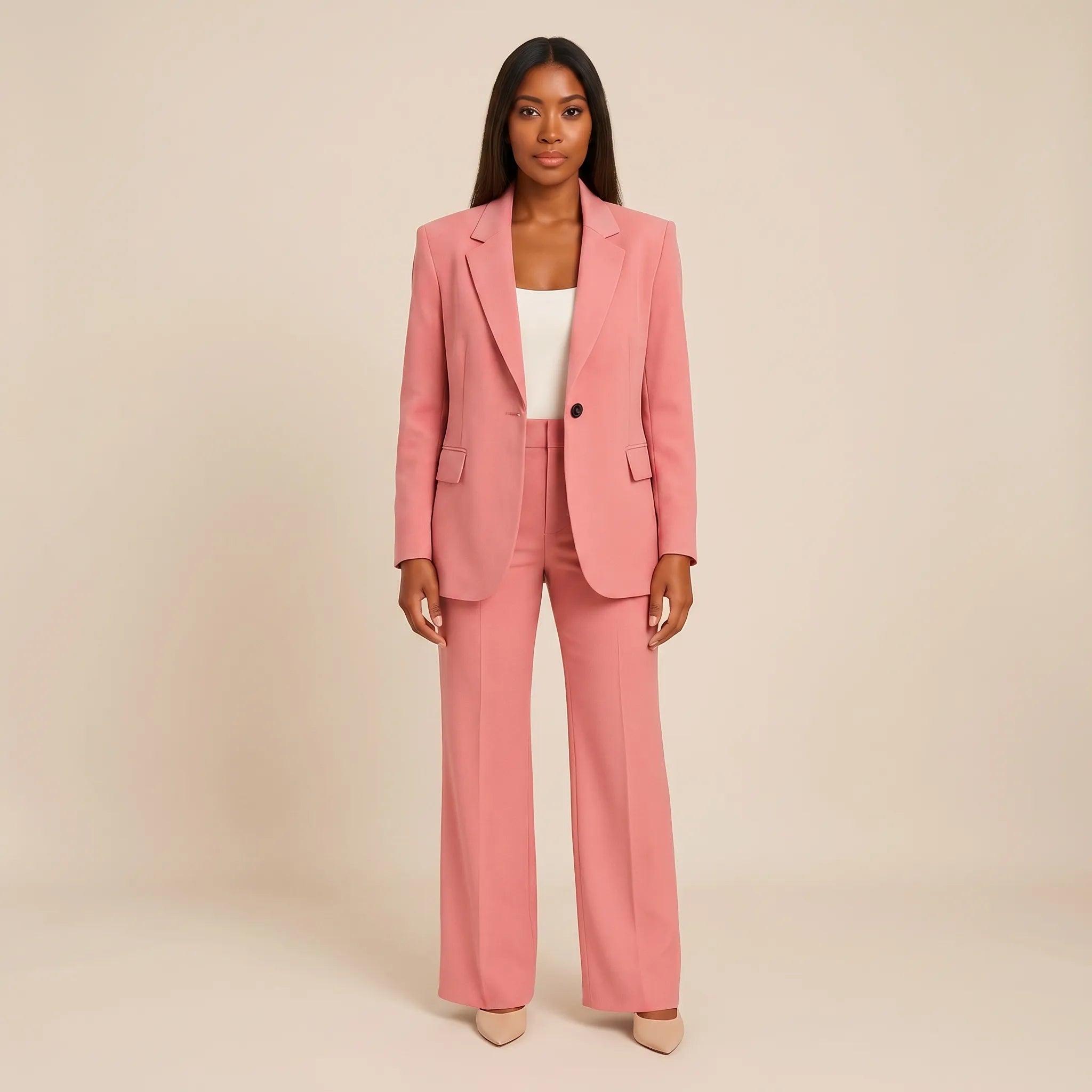 Women's One Button Blazer and Flare Pants 2 Piece Suit Set
