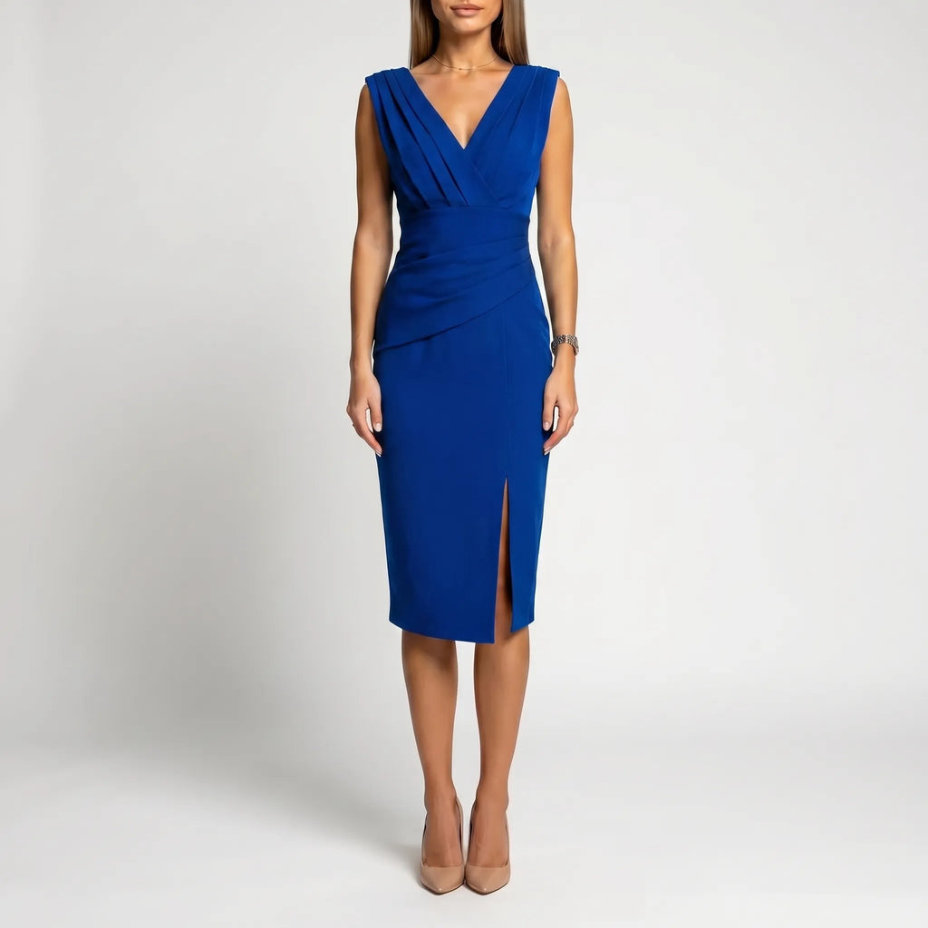 Women's V Neck Midi Dress - Formal Cocktail Party with Slit