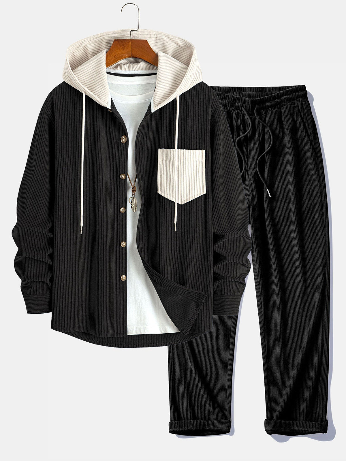 Men's Corduroy Hooded Overshirt and Straight-Leg Pants Set - Black