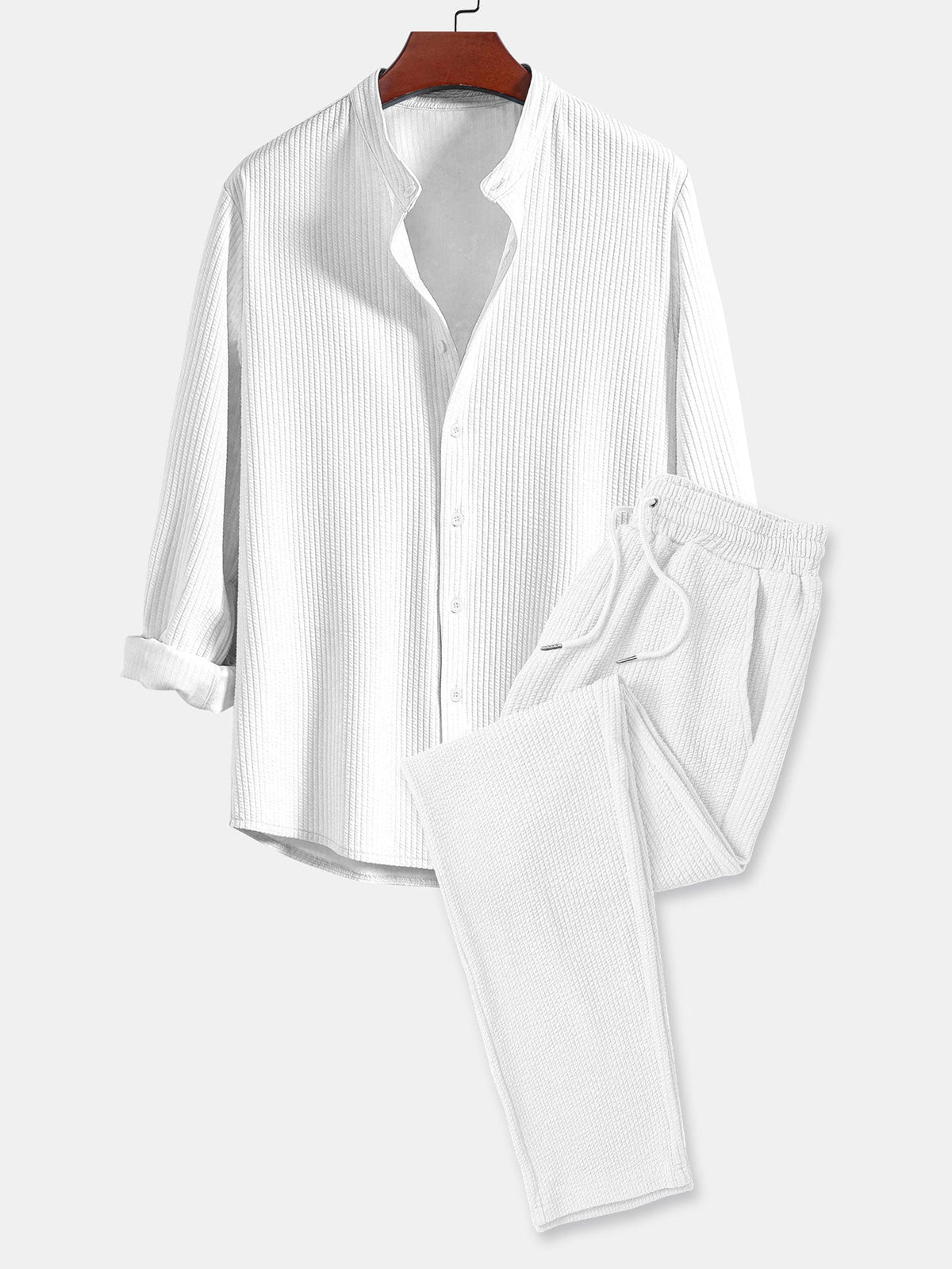 Men's Ribbed Stand-Collar Shirt and Trousers Set - White