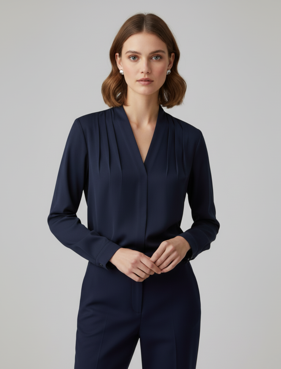 Women's Pleated V-Neck Blouse - Navy Blue