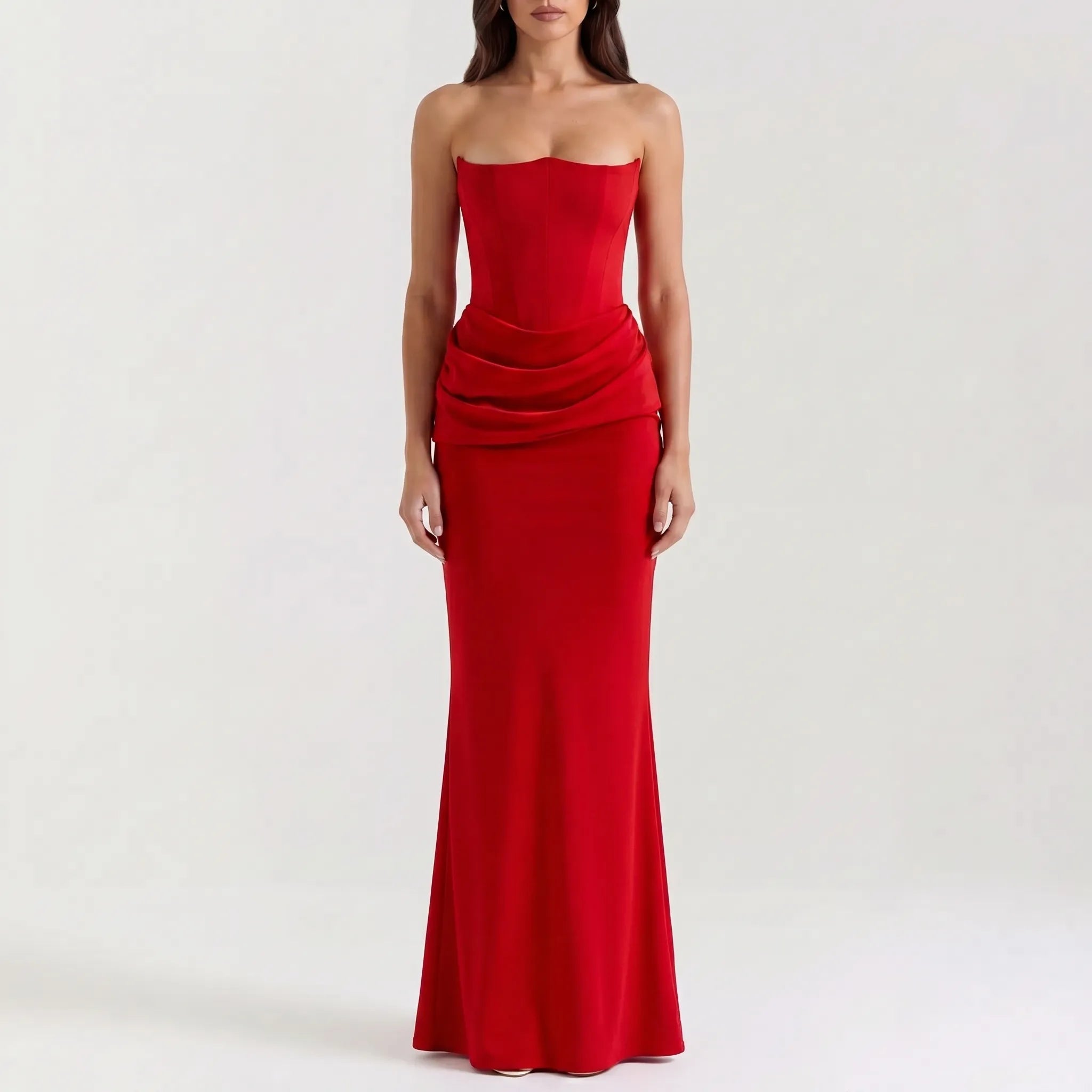 Women's Strapless Maxi Dress - Elegant Draped for Occasions
