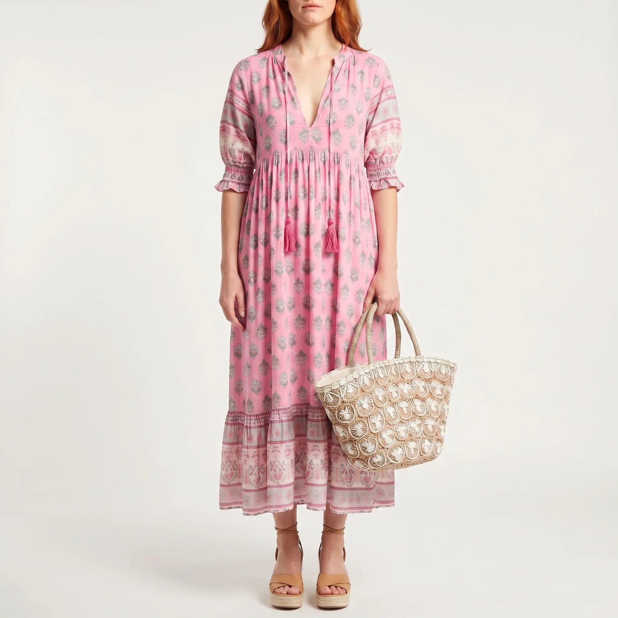 Women's Summer Printed Midi Dress - Boho Casual V Neck Loose Fit