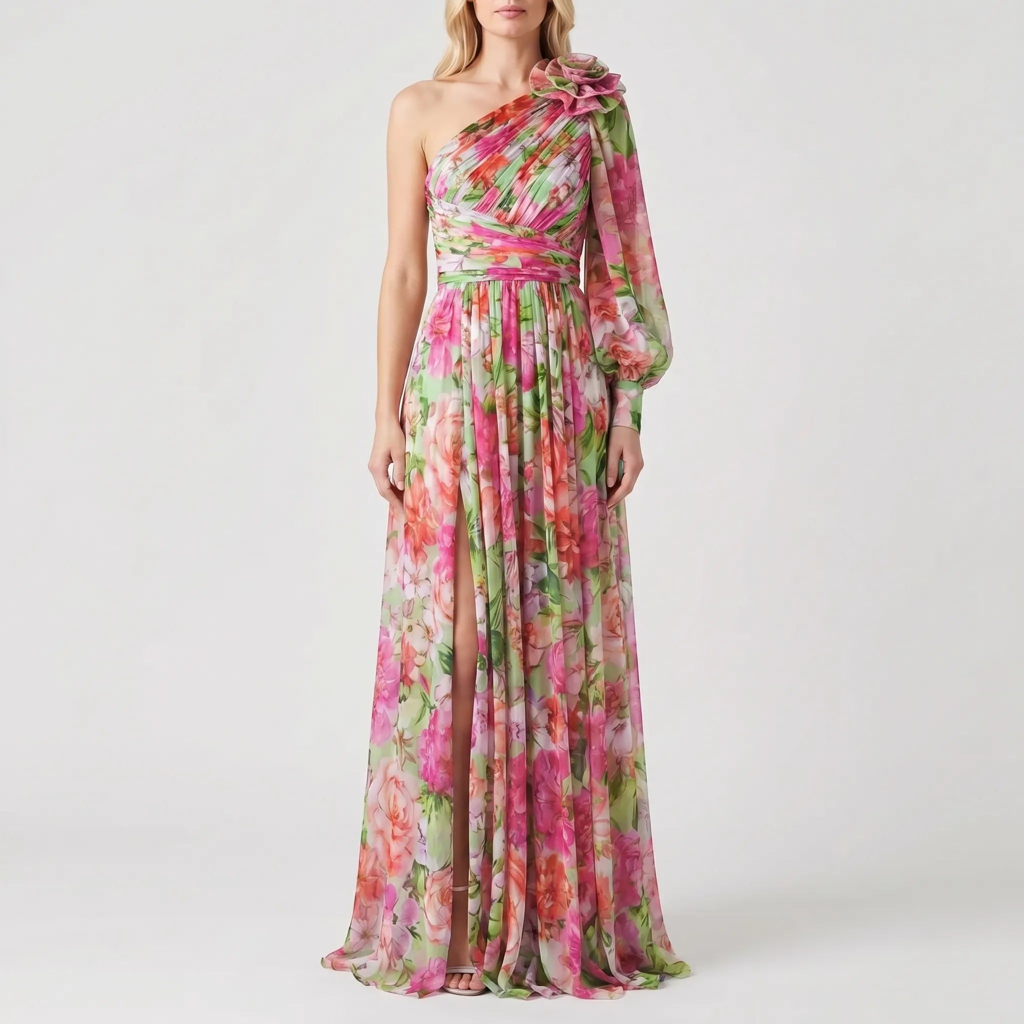 Floral One-Shoulder Maxi Dress with High Slit