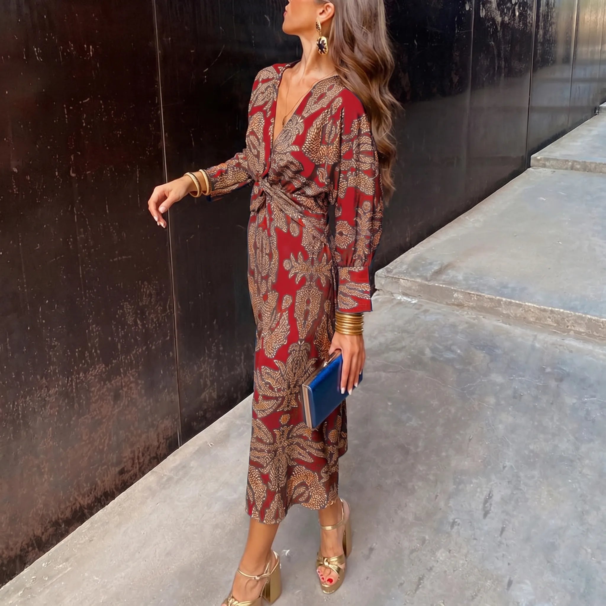 V-Neck Printed Maxi Dress with Twist Waist