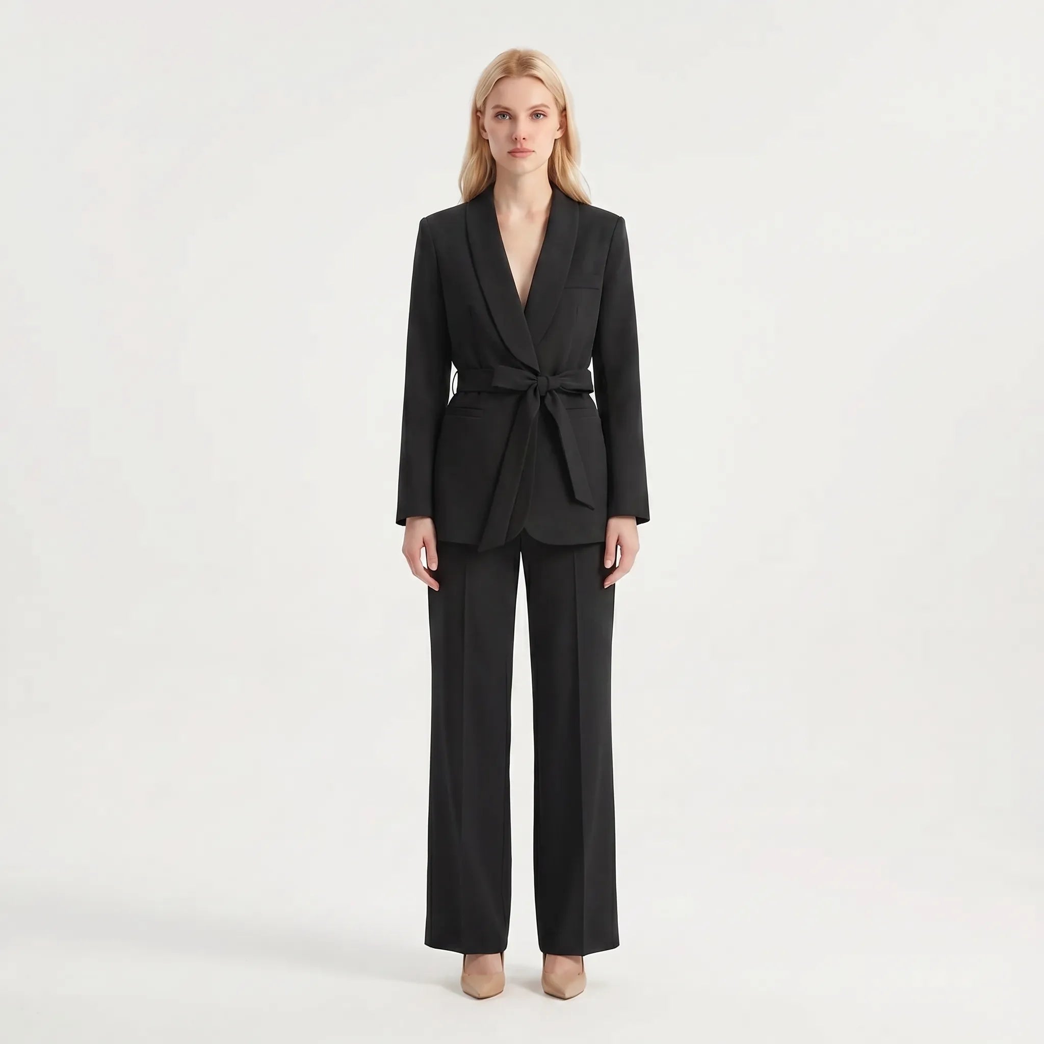 Women's Belted Blazer and Wide Leg Pants 2 Piece Suit Set