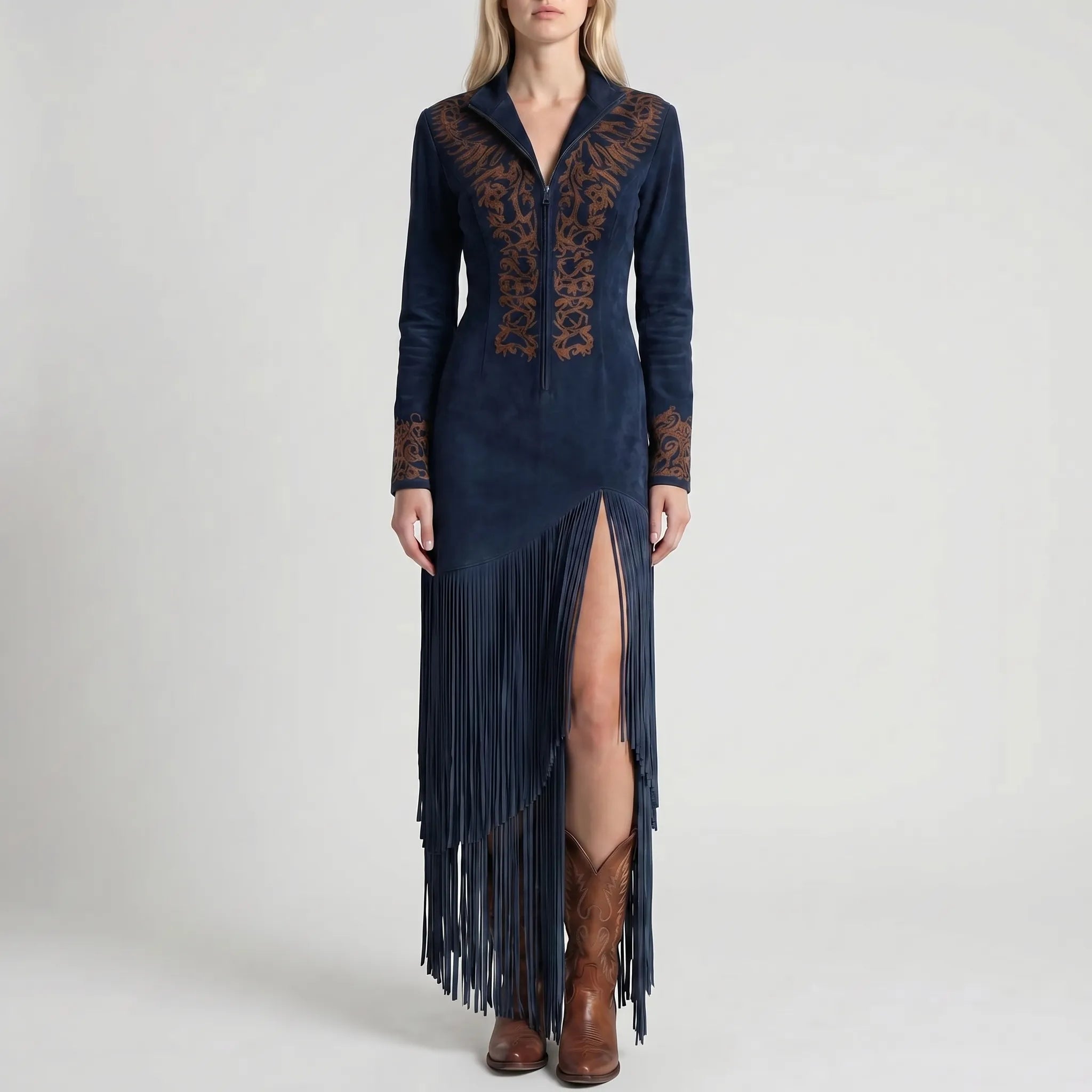 Long Sleeve Fringe Maxi Dress with Embroidered Detail