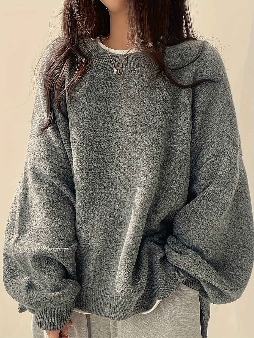 Women's Thick Knit Relaxed Round Neck Drop-Shoulder Pullover