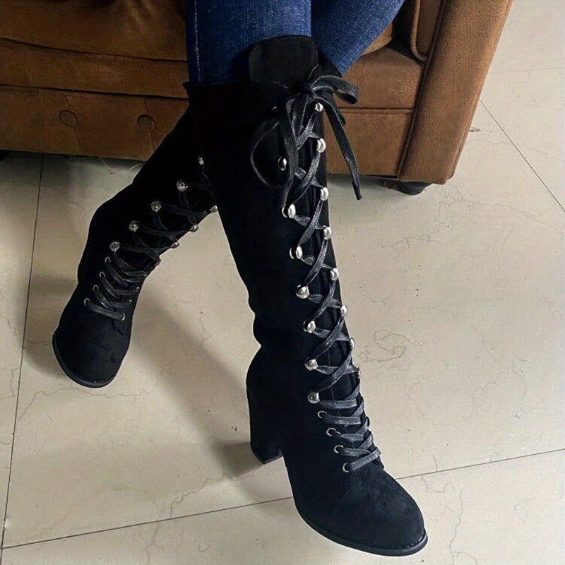 Women's Lace-Up Front Chunky Heel Tall Boots