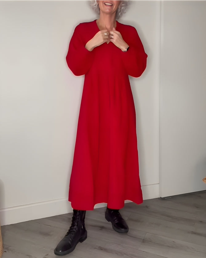 Women's Maxi Dress Relaxed Long Sleeve Cocktail Silhouette - Red
