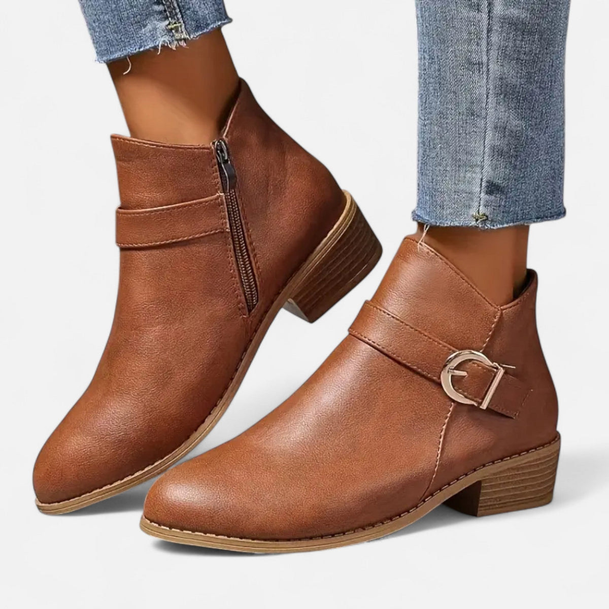 Women's Pointed-Toe Ankle Boots with Buckle Detail - Brown