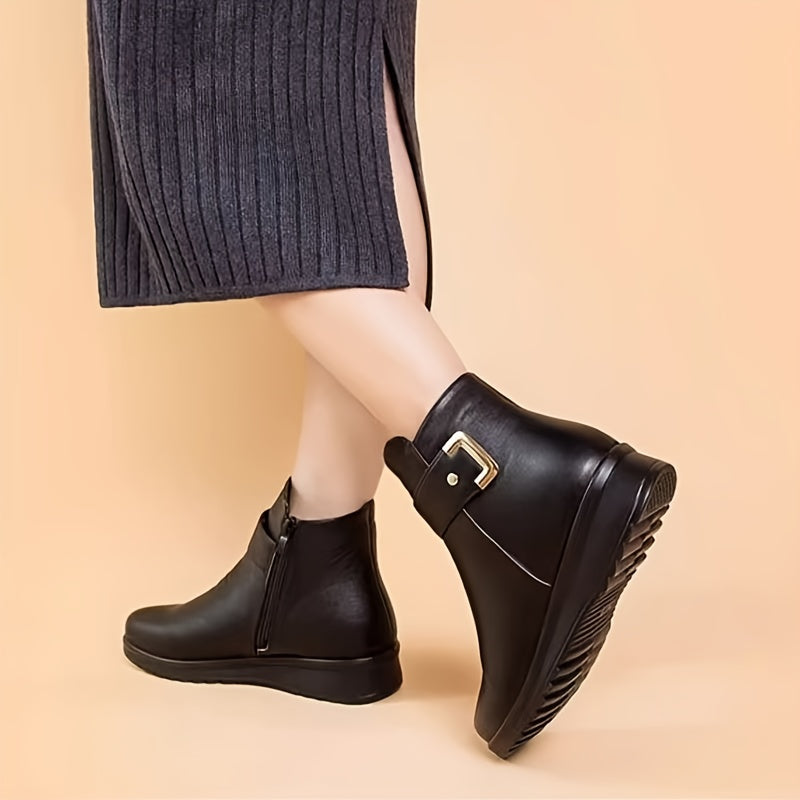 Women's Soft-Lined Flat Ankle Boots with Buckle Detail