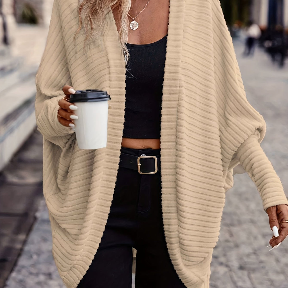 Women's Draped Open-Front Ribbed Cardigan - Apricot