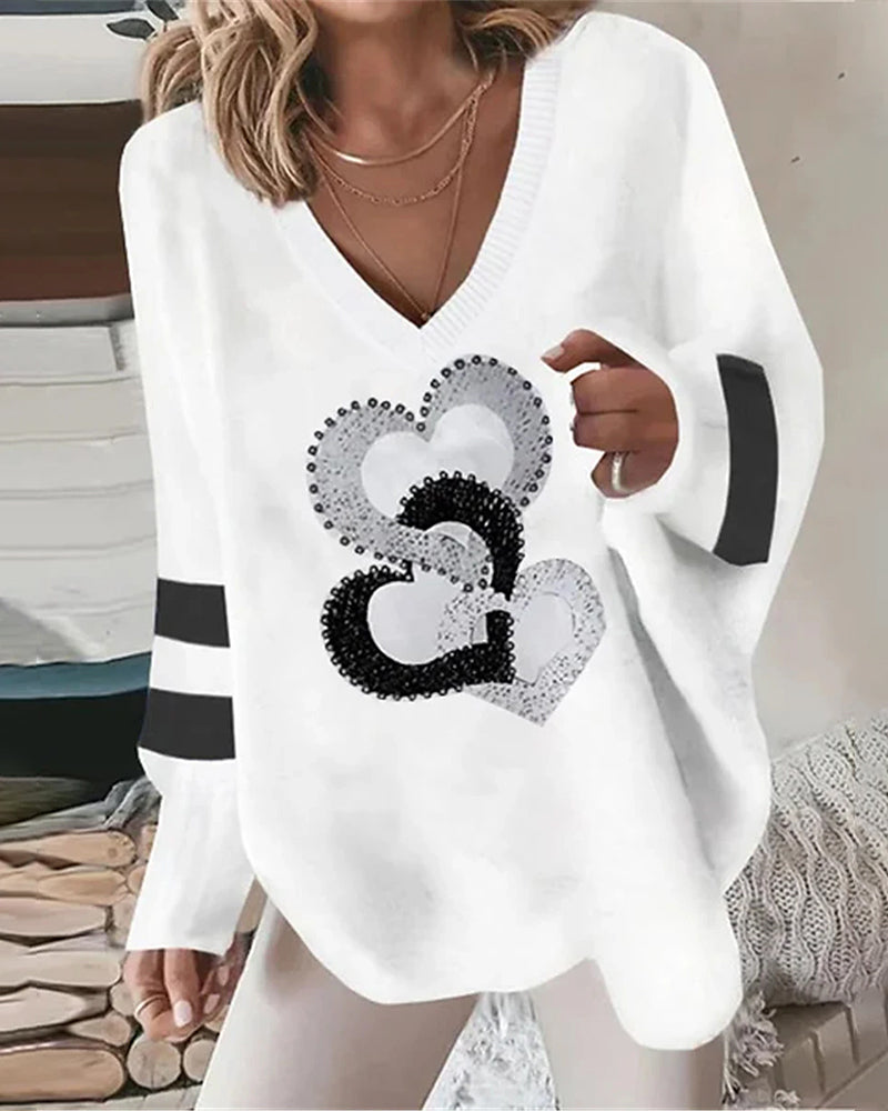 Women's Oversized V-Neck Sequin Heart Sweater - White