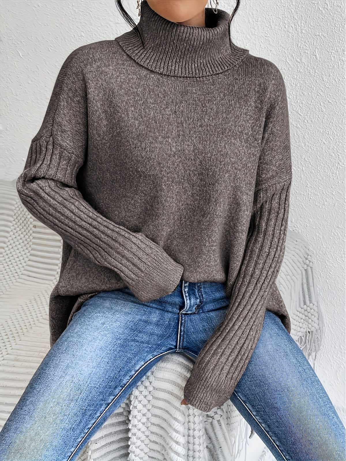Women's Relaxed Turtleneck Sweater with Longer Hemline