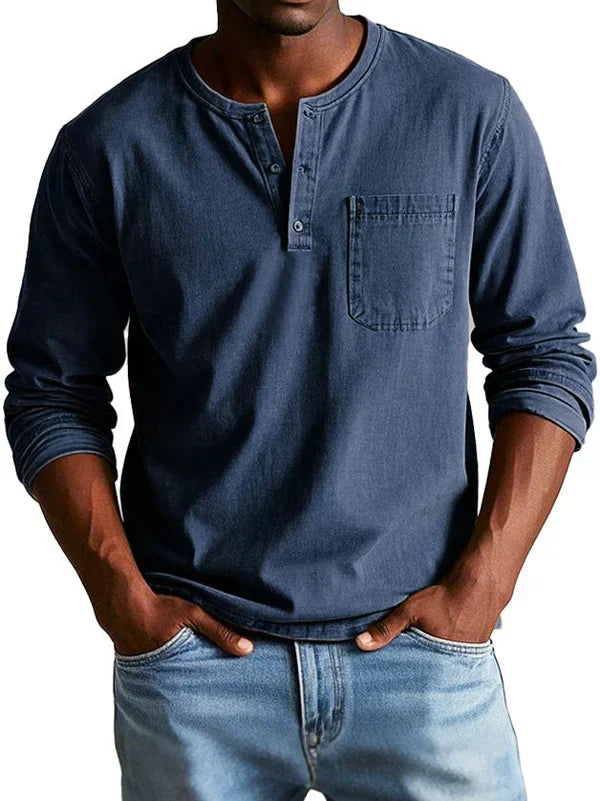 Men's Long-Sleeve Henley Shirt - Dark Blue