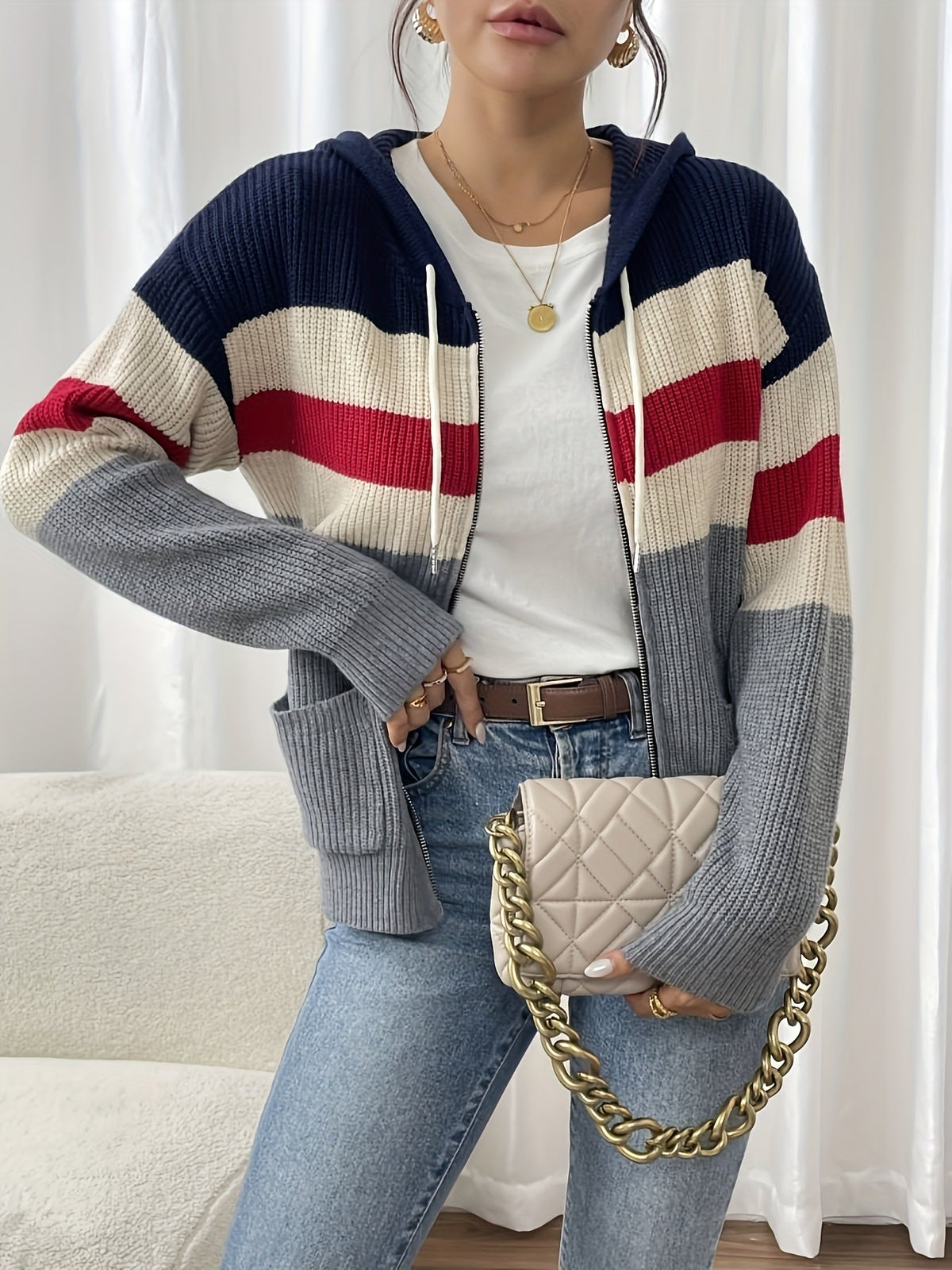 Women's Ribbed Color-Block Hooded Zip Cardigan