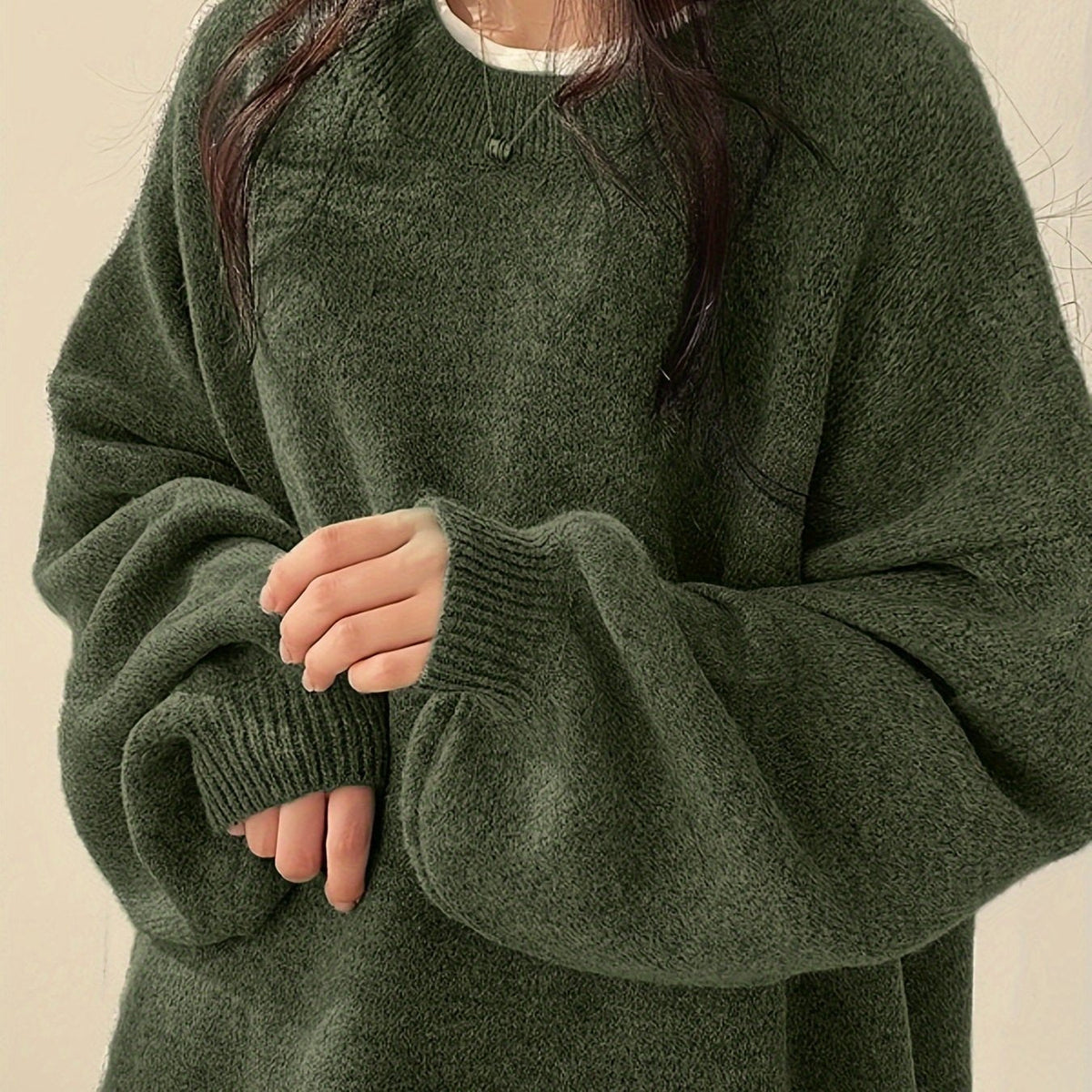Women's Thick Knit Relaxed Round Neck Drop-Shoulder Pullover - Olive Green