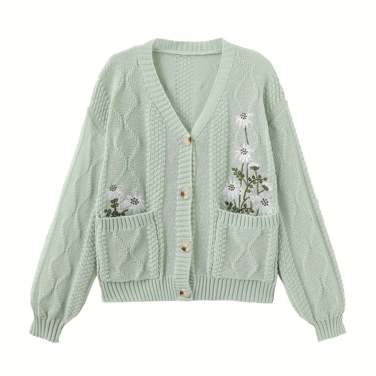 Women's Floral Embroidered V-Neck Button Cardigan with Pockets - Ocean Green