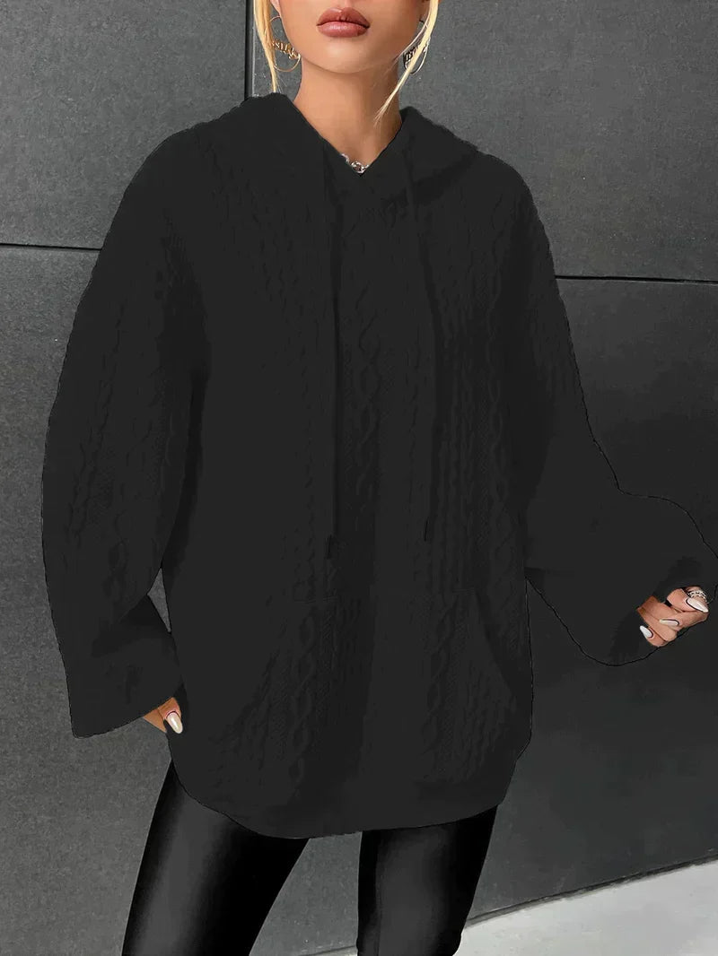 Women's Oversized Drawstring Hoodie with Front Pocket - Black