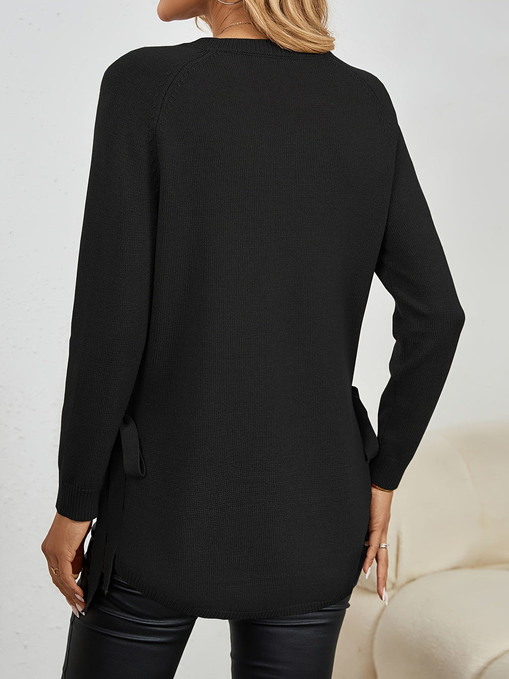 Women's Relaxed Longline Round Neck Sweater with Side Slits