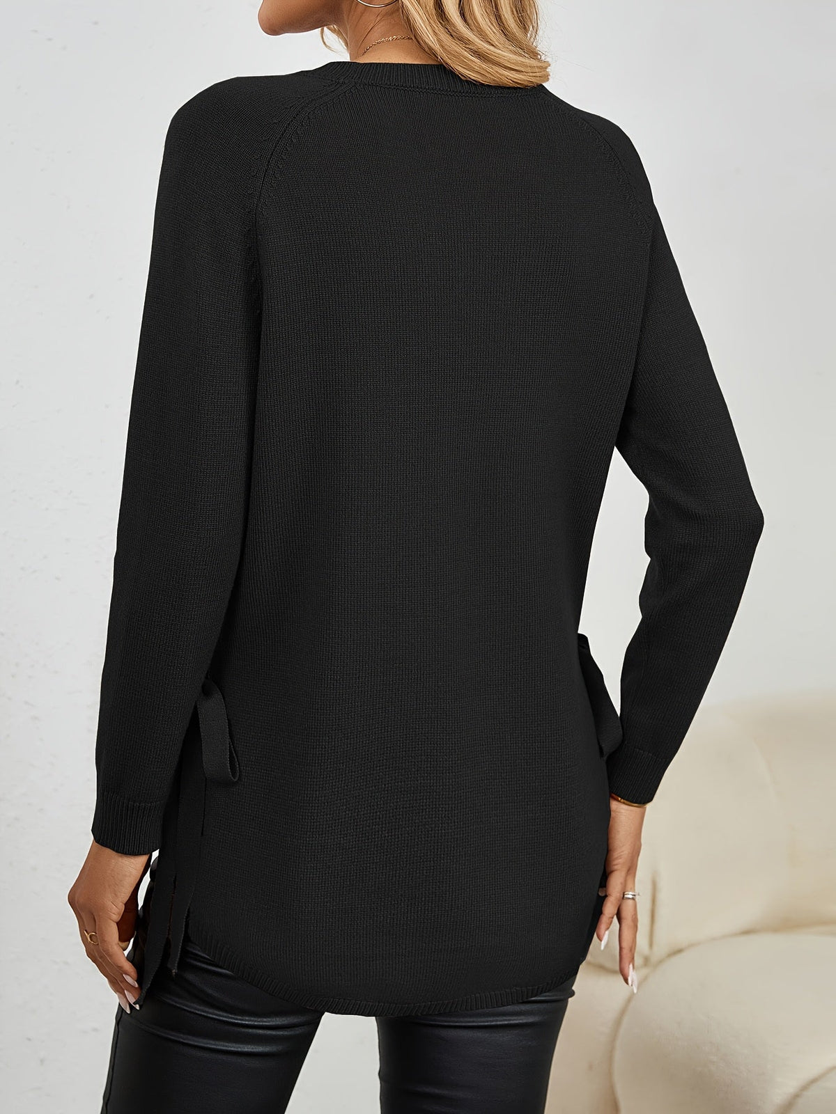 Women's Relaxed Longline Round Neck Sweater with Side Slits