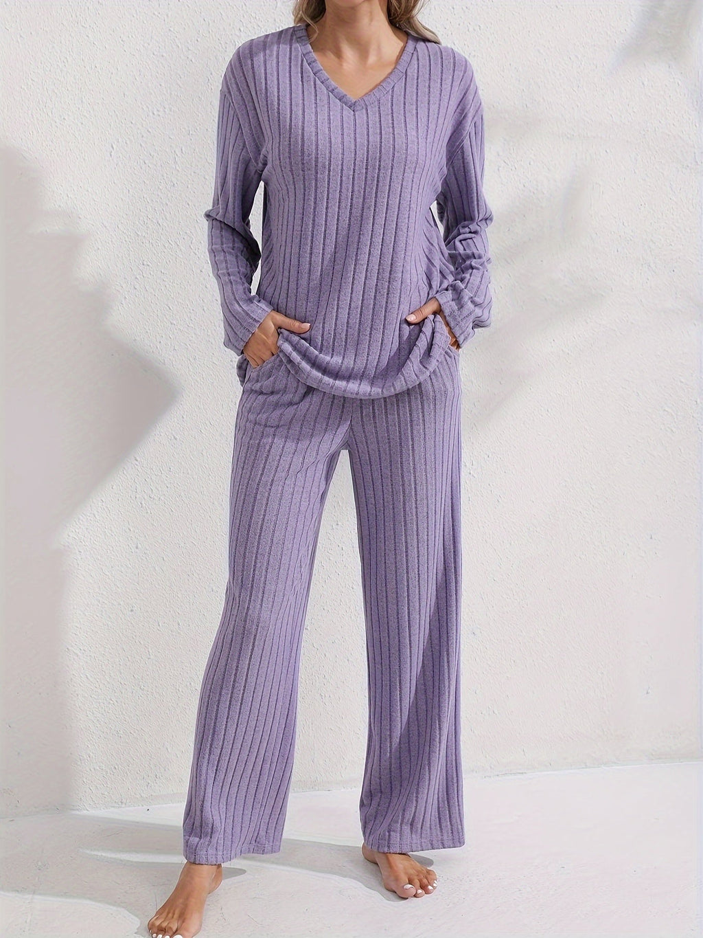 Women's Ribbed V-Neck Top and Relaxed Pants Set
