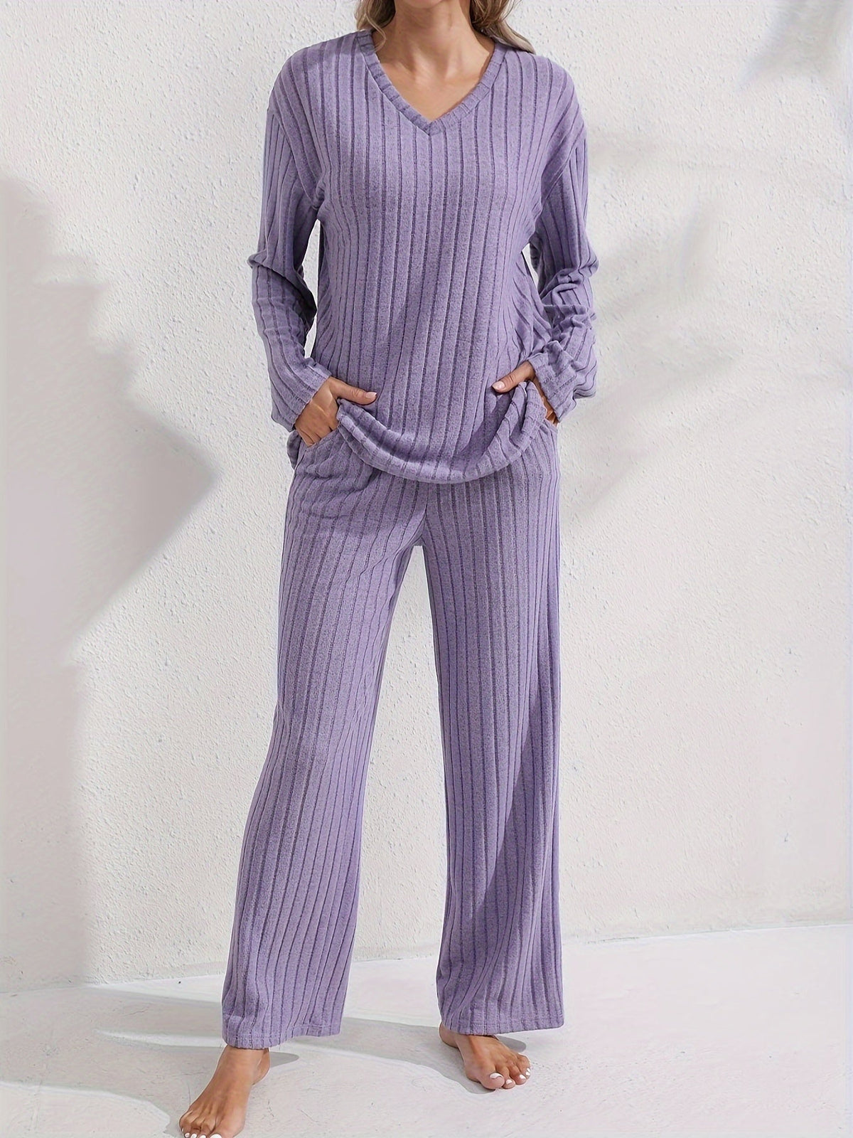 Women's Ribbed V-Neck Top and Relaxed Pants Set