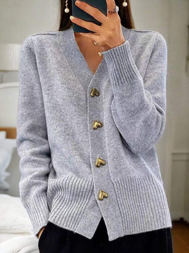 Women's Heart-Button V-Neck Cardigan