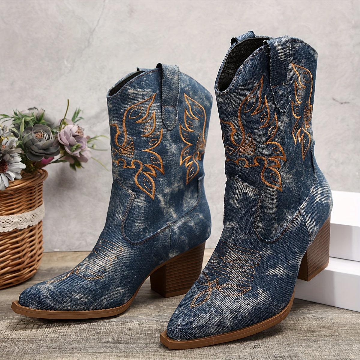 Women's Blue Wide Calf Western Cowboy Boots