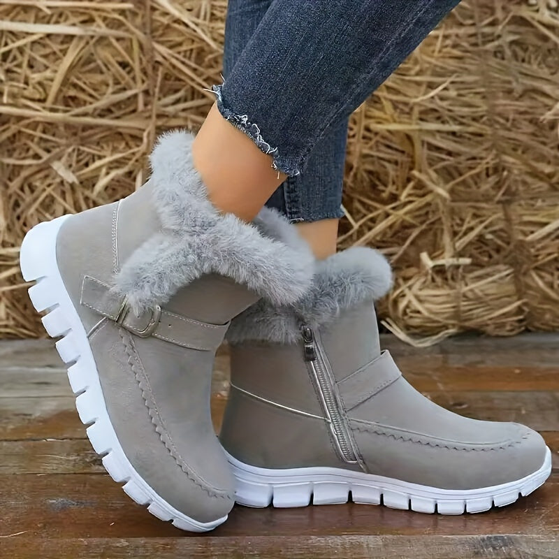 Women's Plush-Lined Buckle Ankle Boots - Pink