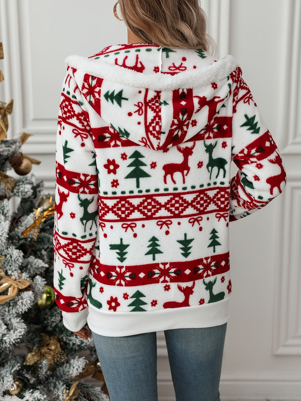 Women's Hooded Zip-Up Christmas Print Cardigan with Pockets