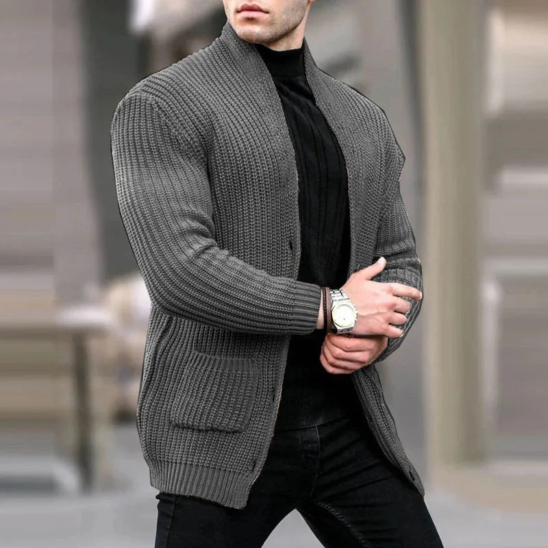 Men's Relaxed Open-Neck Knit Cardigan with Pockets - Dark Gray