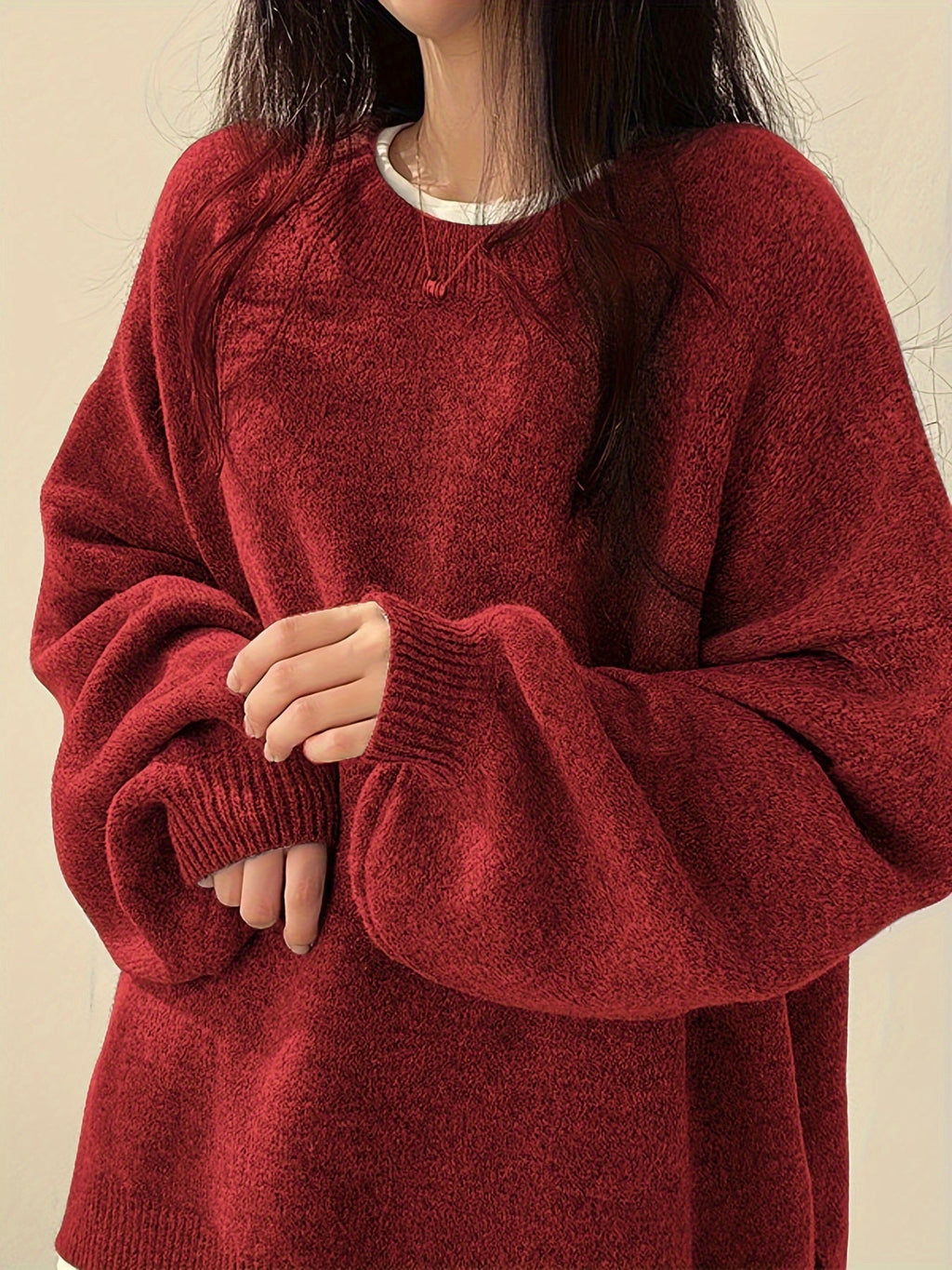 Women's Thick Knit Relaxed Round Neck Drop-Shoulder Pullover