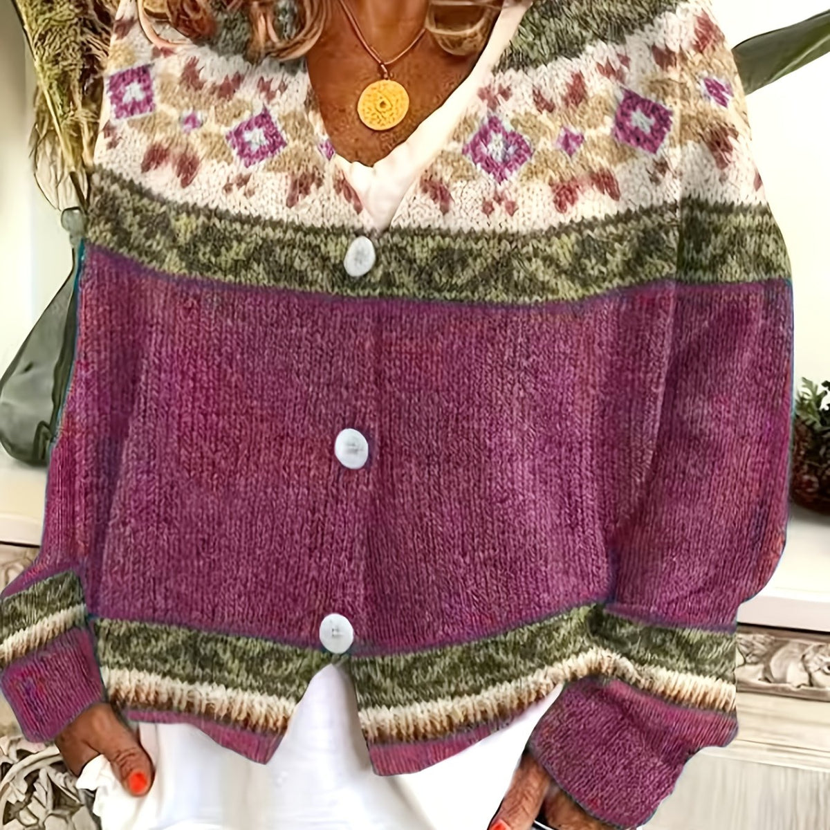 Women's Geometric Yoke Button-Front Cardigan - Rose Red