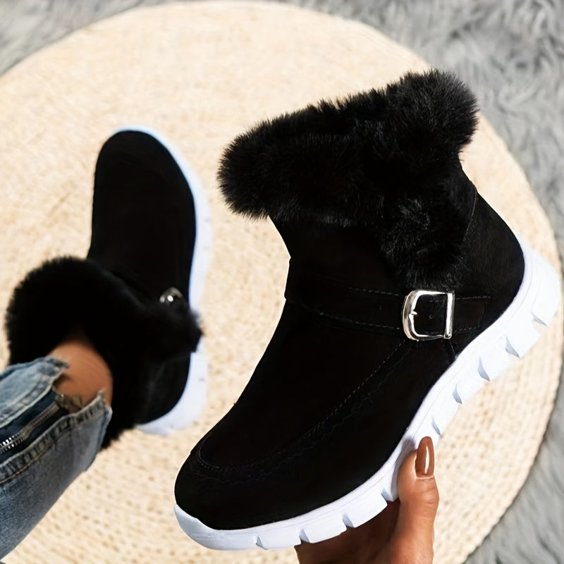 Women's Plush-Lined Buckle Ankle Boots - Black