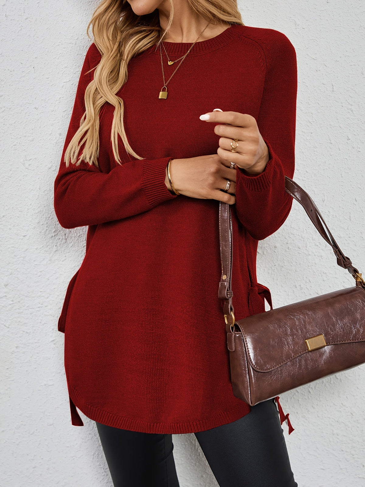 Women's Relaxed Longline Round Neck Sweater with Side Slits