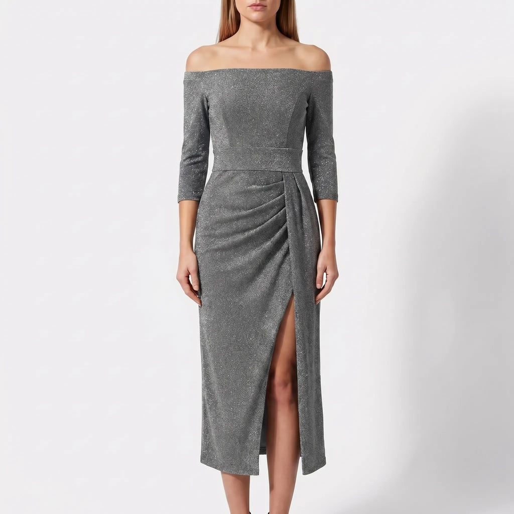 Women's Off Shoulder Midi Dress - Shimmer Bodycon for Evening