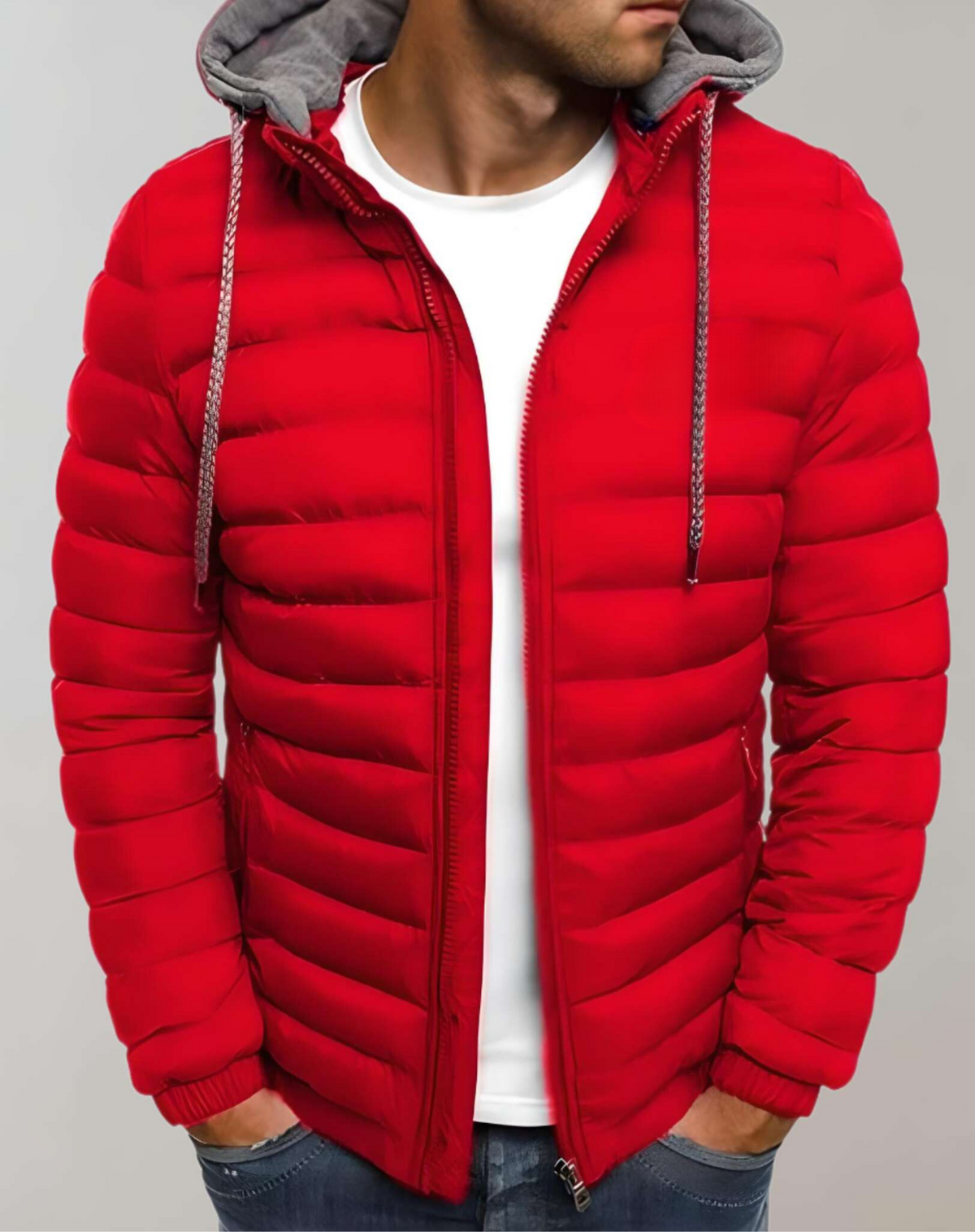 Men's Lightweight Padded Jacket with Hood and Elastic Cuffs - Red