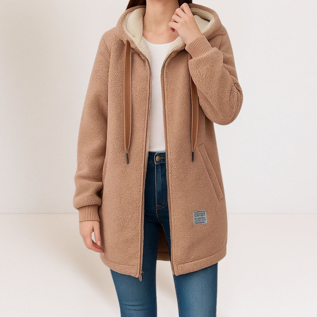 Women's Longer-Length Hooded Coat with Lined Hood - Brown