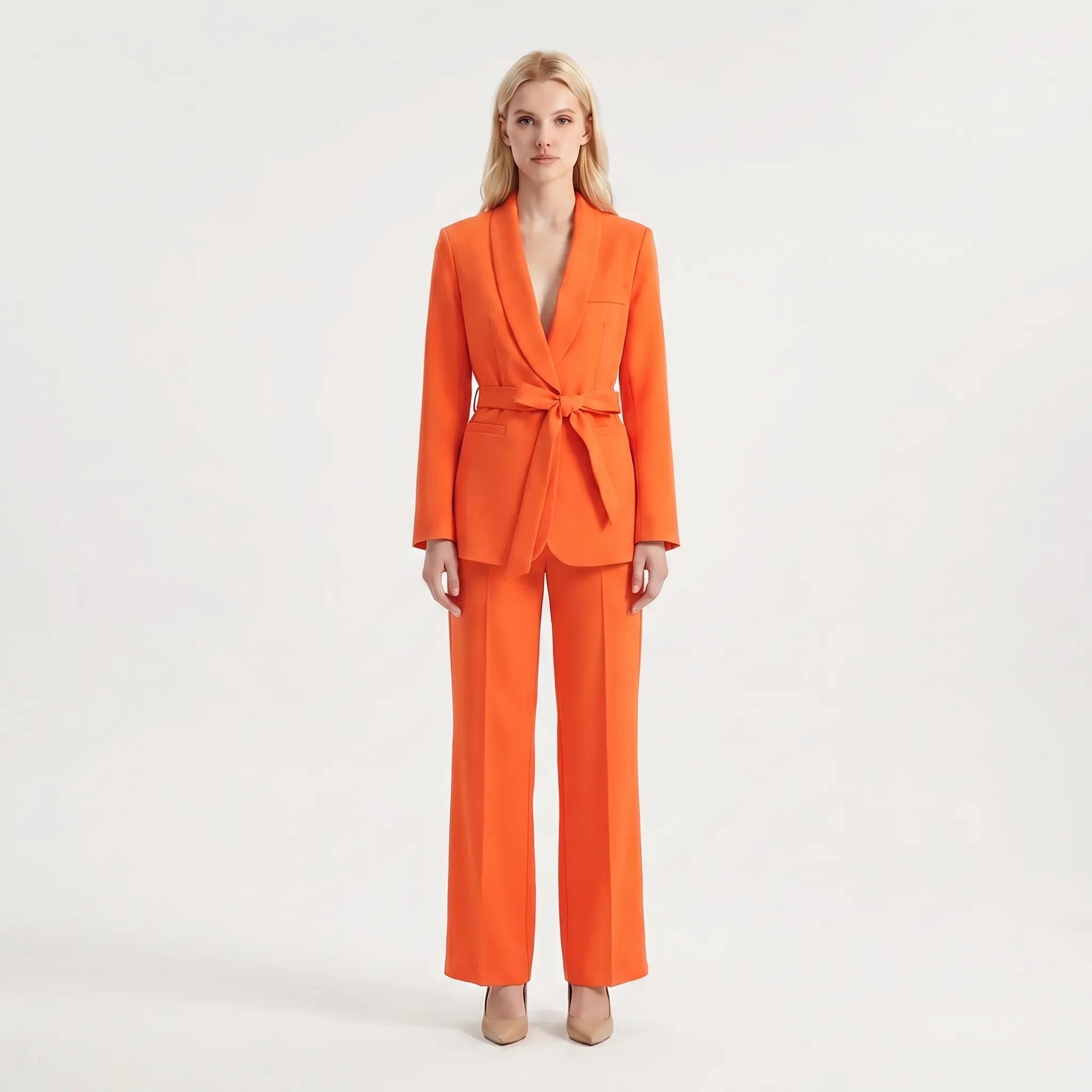 Women's Belted Blazer and Wide Leg Pants 2 Piece Suit Set