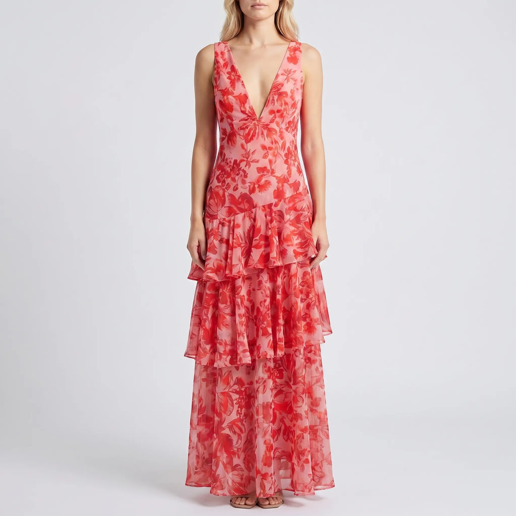 Women's Floral Maxi Dress - Tiered with V Neck for Evening