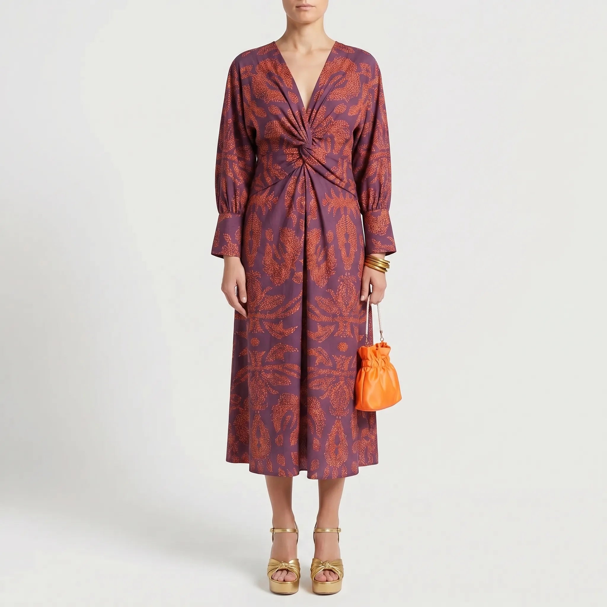 V-Neck Printed Maxi Dress with Twist Waist
